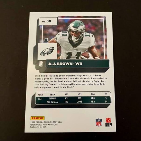 A. J. Brown: Philadelphia Eagles, Wide Receiver 2022 Panini Donruss Football #68 - Picture 2 of 2